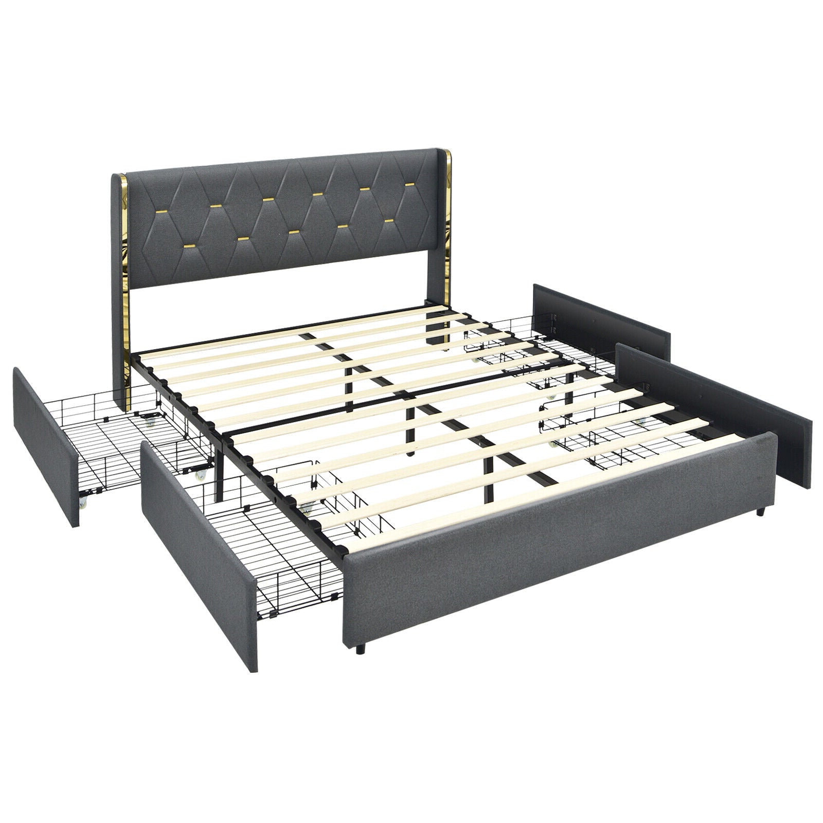 Full Queen Size Upholstered Bed Frame, 4 Storage Drawers, Black Simple Bed Frame Black at Gallery Canada