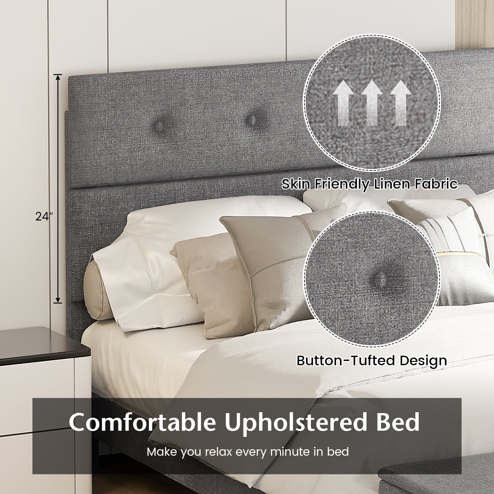 Upholstered Bed Frame With Ottoman Storage, Full Size, Gray Simple Bed Frame at Gallery Canada
