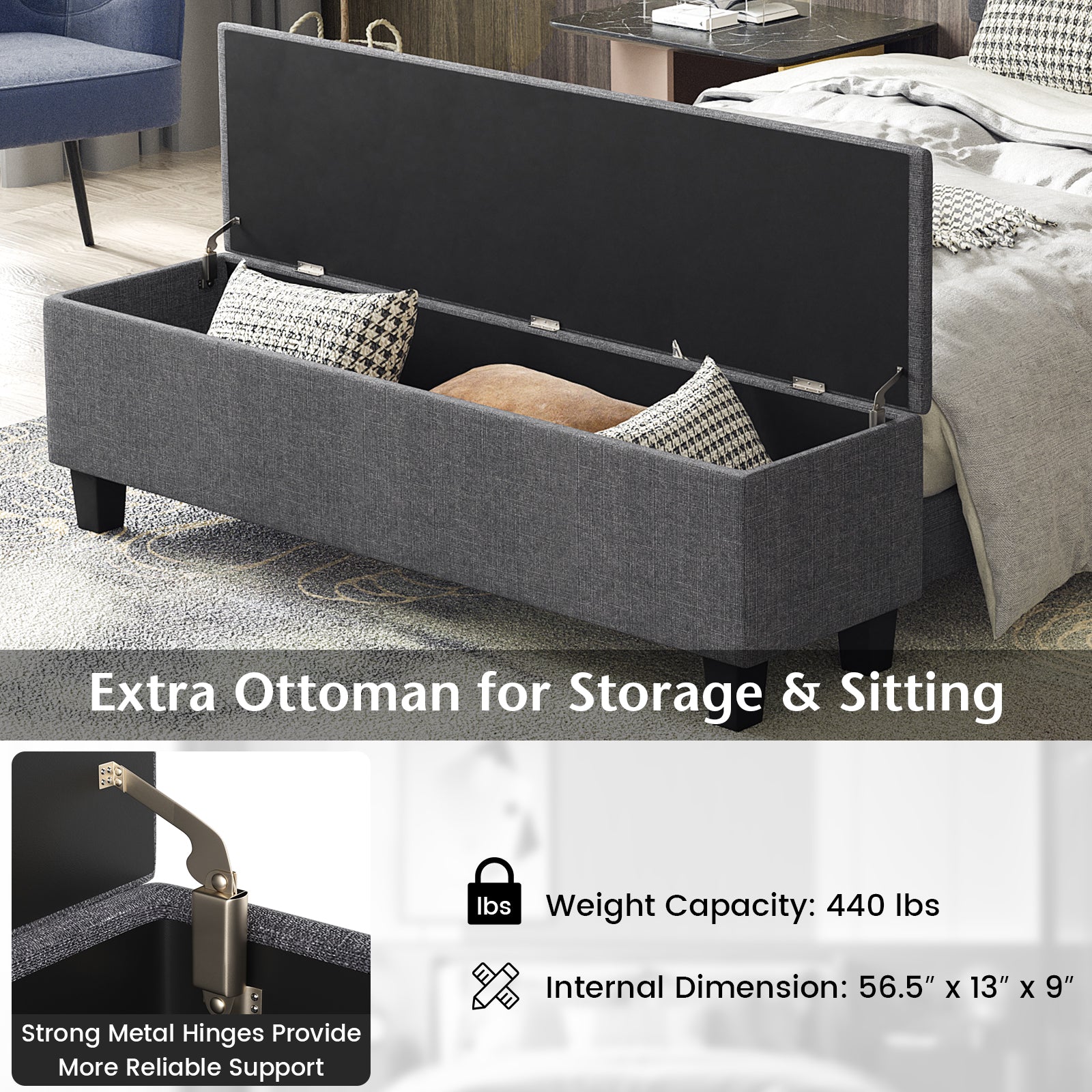 Upholstered Bed Frame With Ottoman Storage, Full Size, Gray Simple Bed Frame at Gallery Canada
