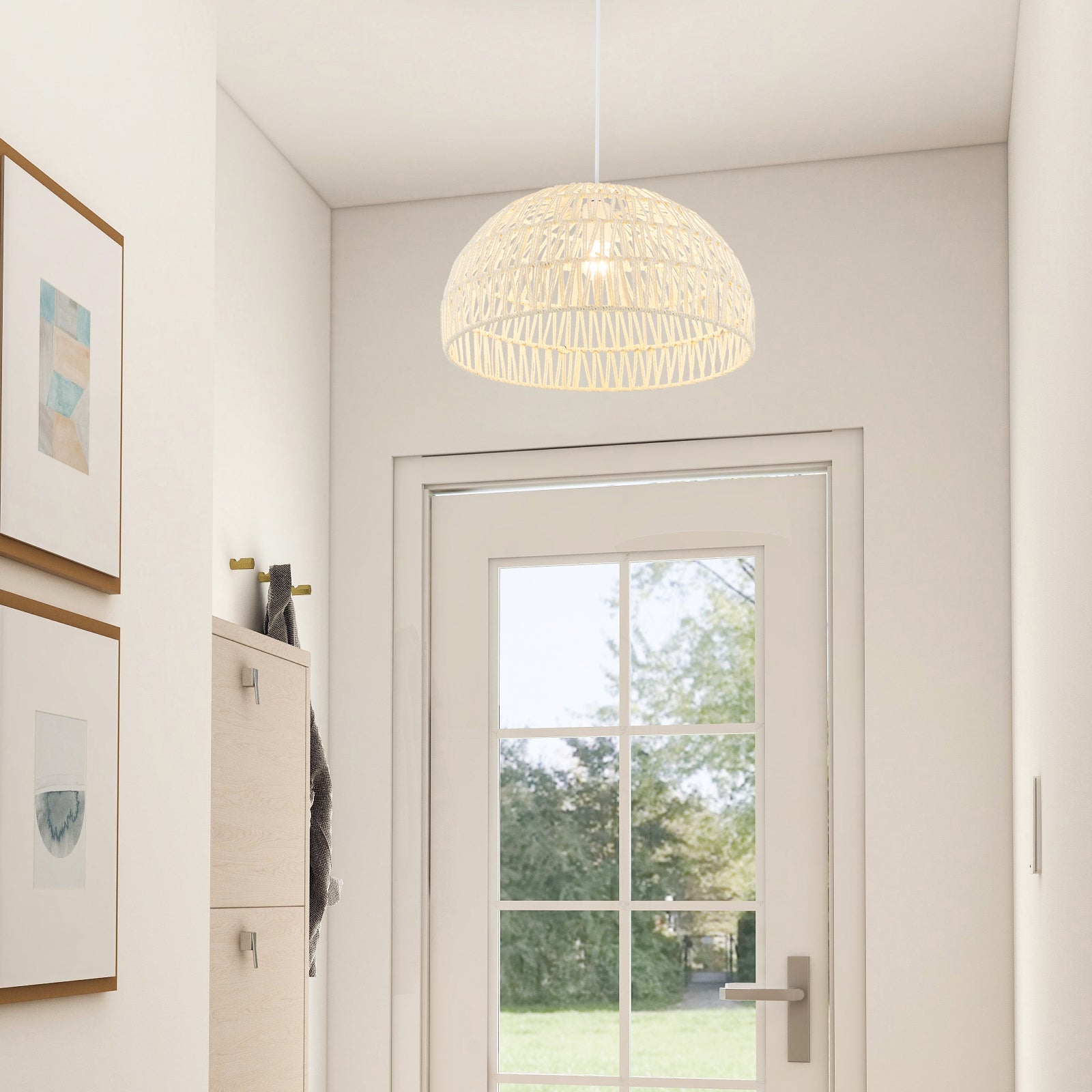 Farmhouse Rattan Pendant Light, Adjustable Hanging Rope, Beige Ceiling Lights at Gallery Canada