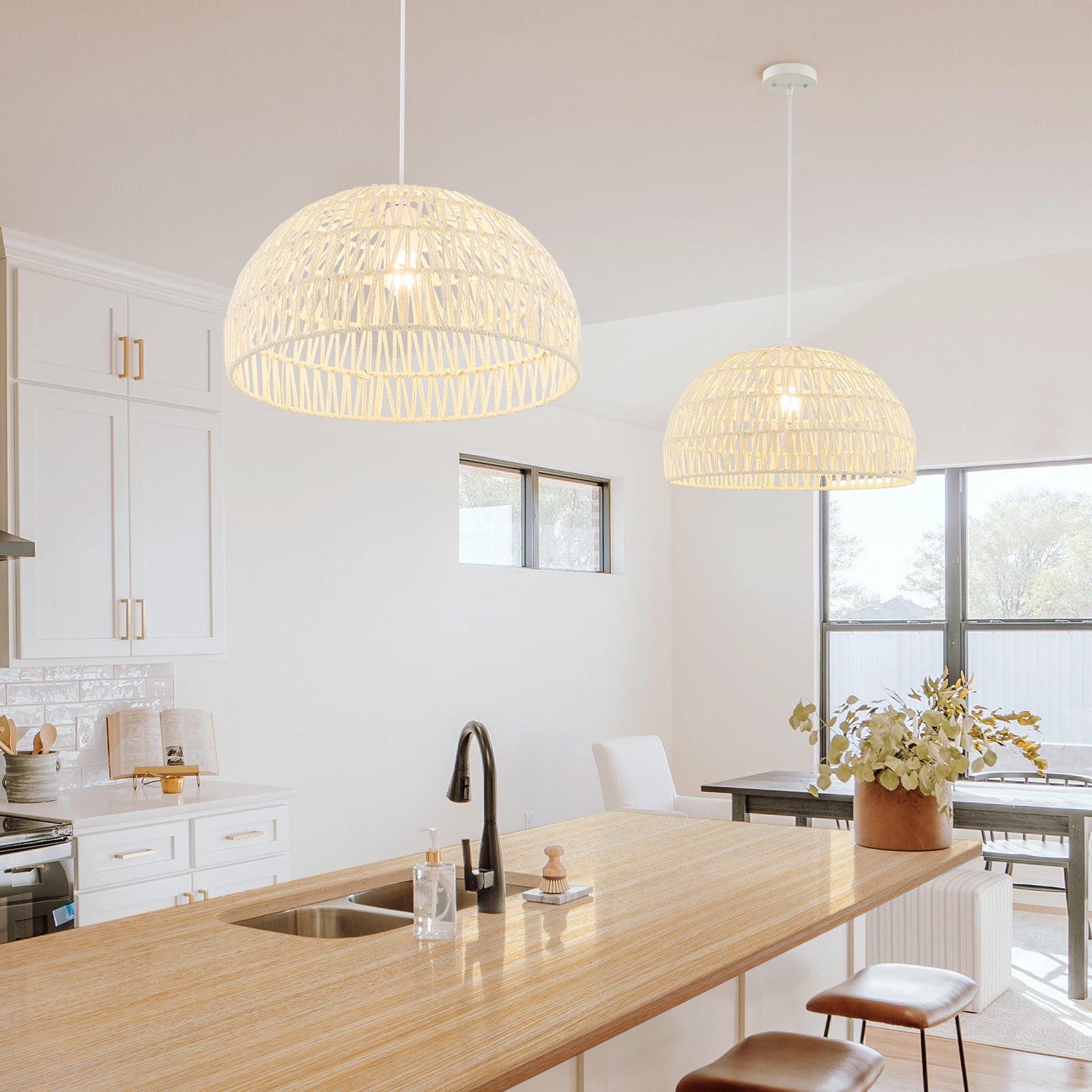 Farmhouse Rattan Pendant Light, Adjustable Hanging Rope, Beige Ceiling Lights at Gallery Canada