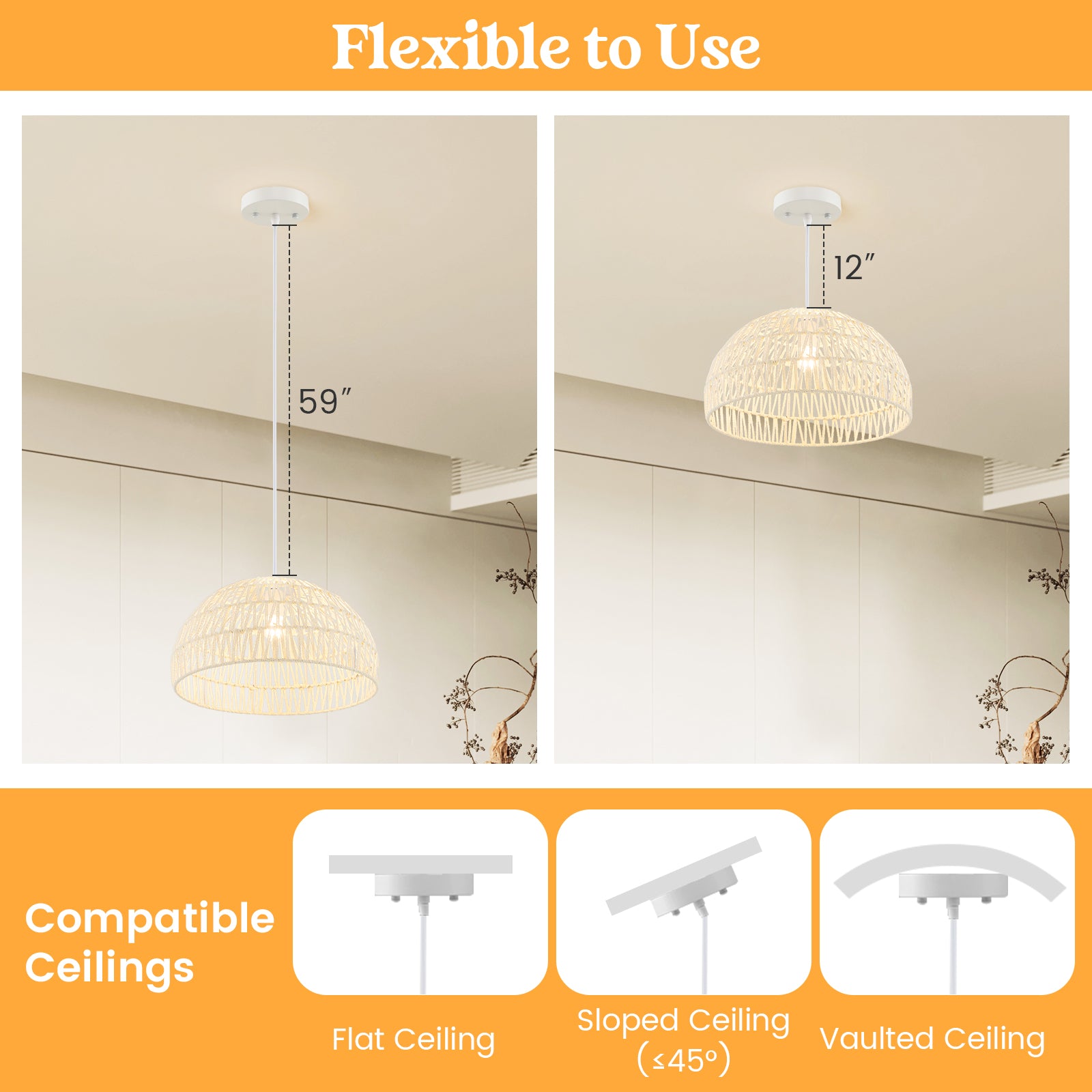 Farmhouse Rattan Pendant Light, Adjustable Hanging Rope, Beige Ceiling Lights at Gallery Canada
