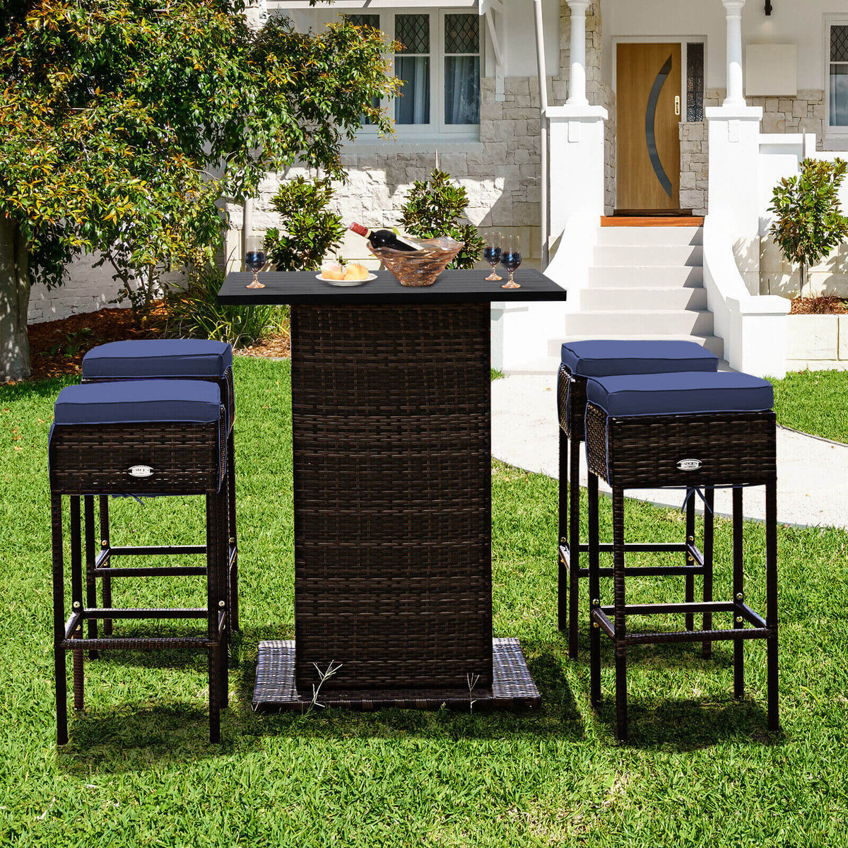 5 Piece Patio Rattan Bar Table Stool Set, Navy Patio Bar Furniture at Gallery Canada