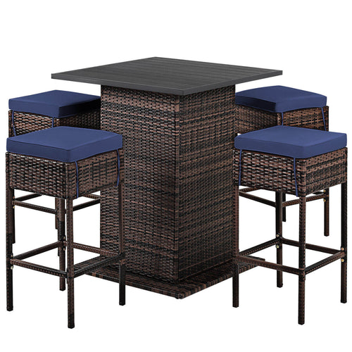 5 Piece Patio Rattan Bar Table Stool Set, Navy