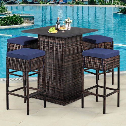 5 Piece Patio Rattan Bar Table Stool Set, Navy