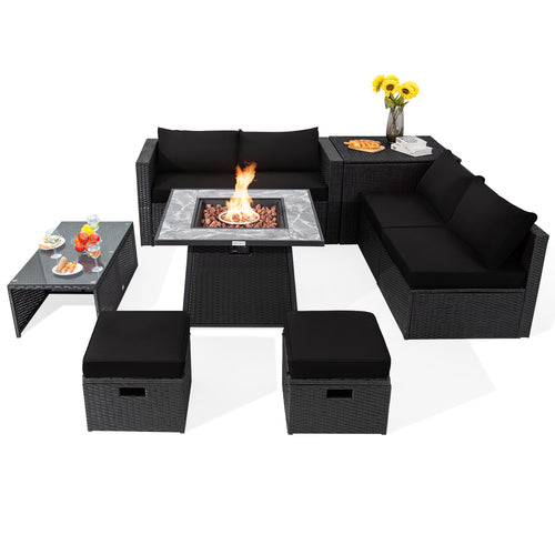 9 Piece Outdoor Wicker Sectional, 35 Inch Gas Fire Pit Table, Black