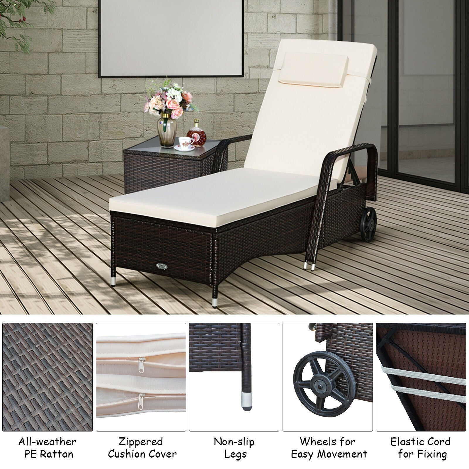 Outdoor Recliner Chaise Lounge, Adjustable Backrest, White Outdoor Chaise Lounges at Gallery Canada
