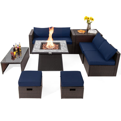 9-Piece Patio PE Wicker Sectional Set, 50000 BTU Fire Pit Table, Navy Outdoor Sectionals at Gallery Canada