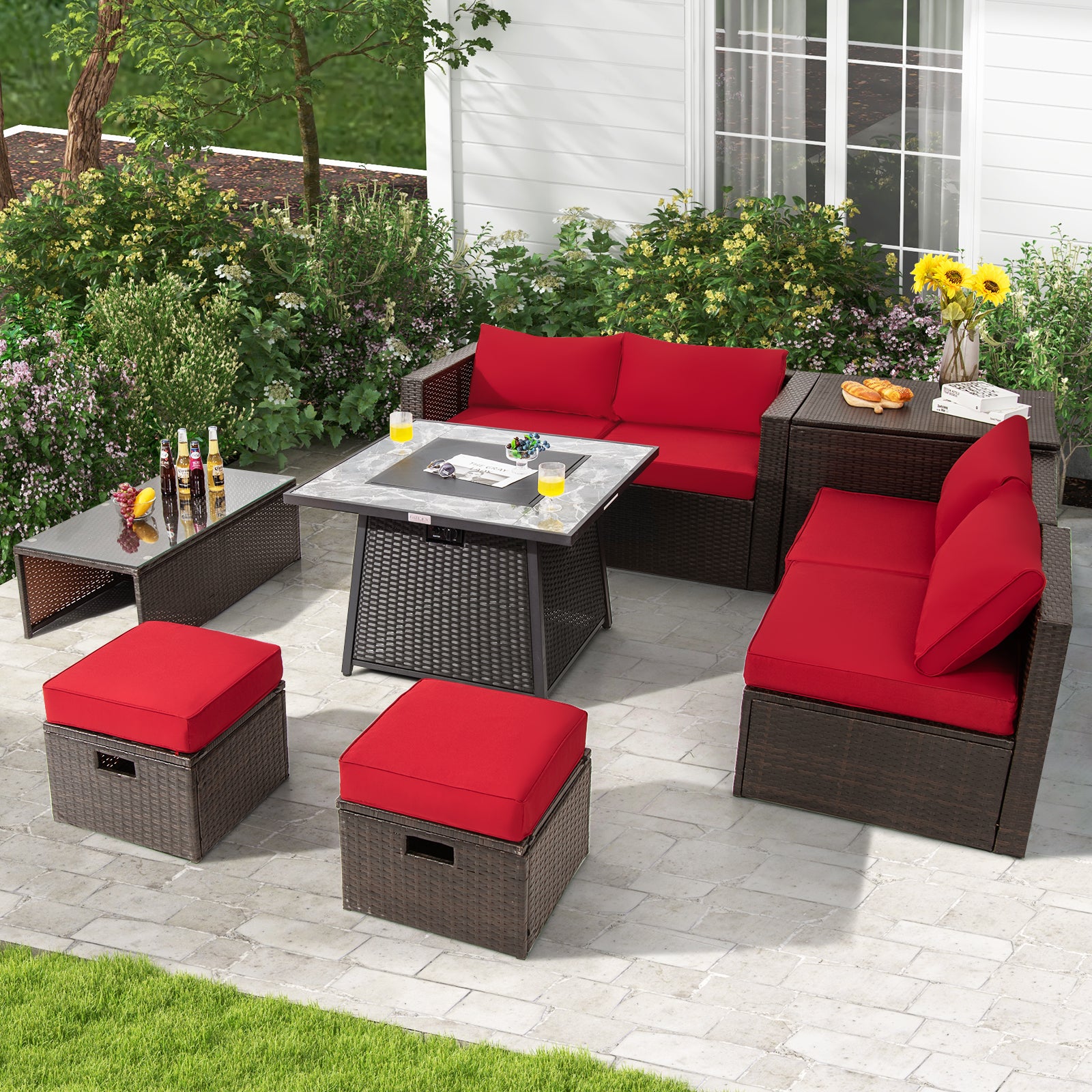 9-Piece Patio PE Wicker Sectional Set, 50000 BTU Fire Pit Table, Red Outdoor Sectionals at Gallery Canada