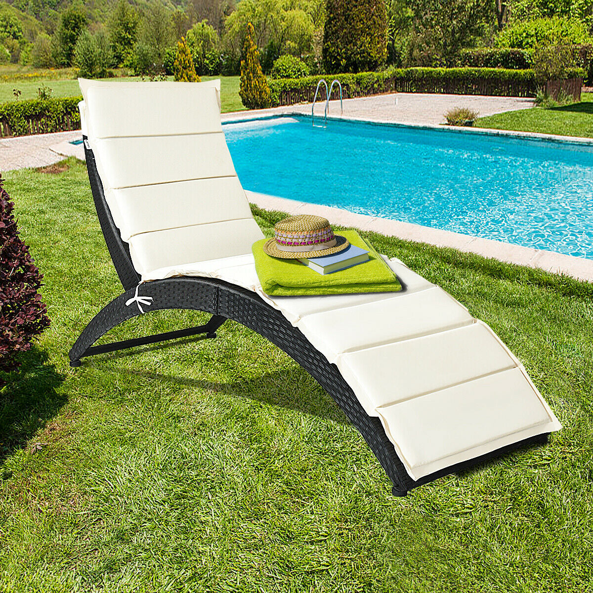 Folding Patio Rattan Lounge Chair With Cushion, Beige Outdoor Chaise Lounges at Gallery Canada