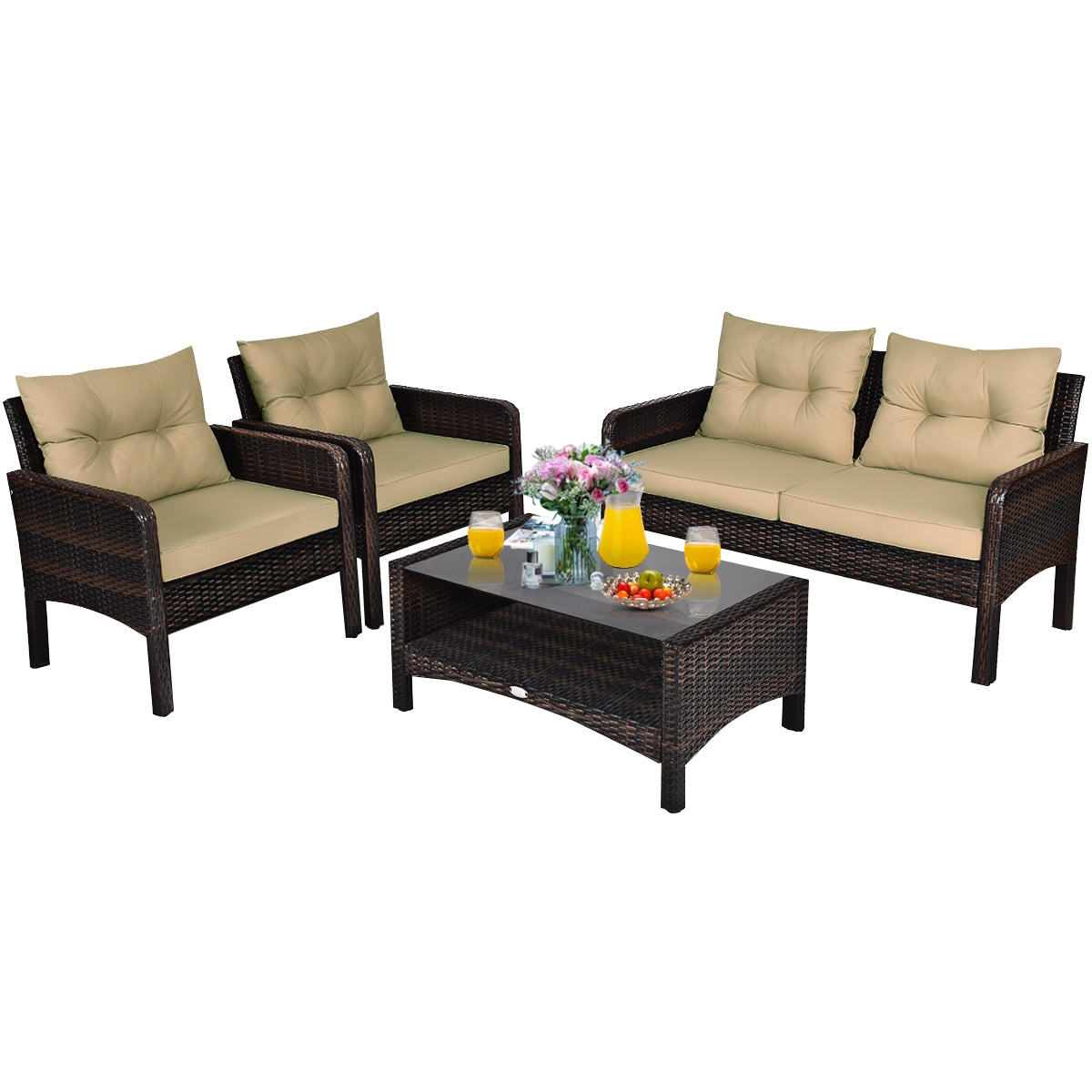 4 Pieces Patio Rattan Sofa Set With Cushion, Coffee Table, Beige Patio Furniture Sets at Gallery Canada