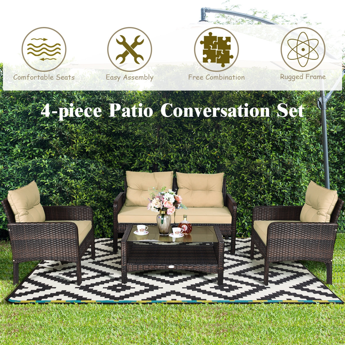 4 Pieces Patio Rattan Sofa Set With Cushion, Coffee Table, Beige Patio Furniture Sets at Gallery Canada