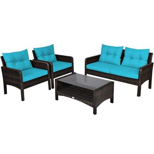 4 Pcs Outdoor Rattan Loveseat Set With Cushions, Turquoise