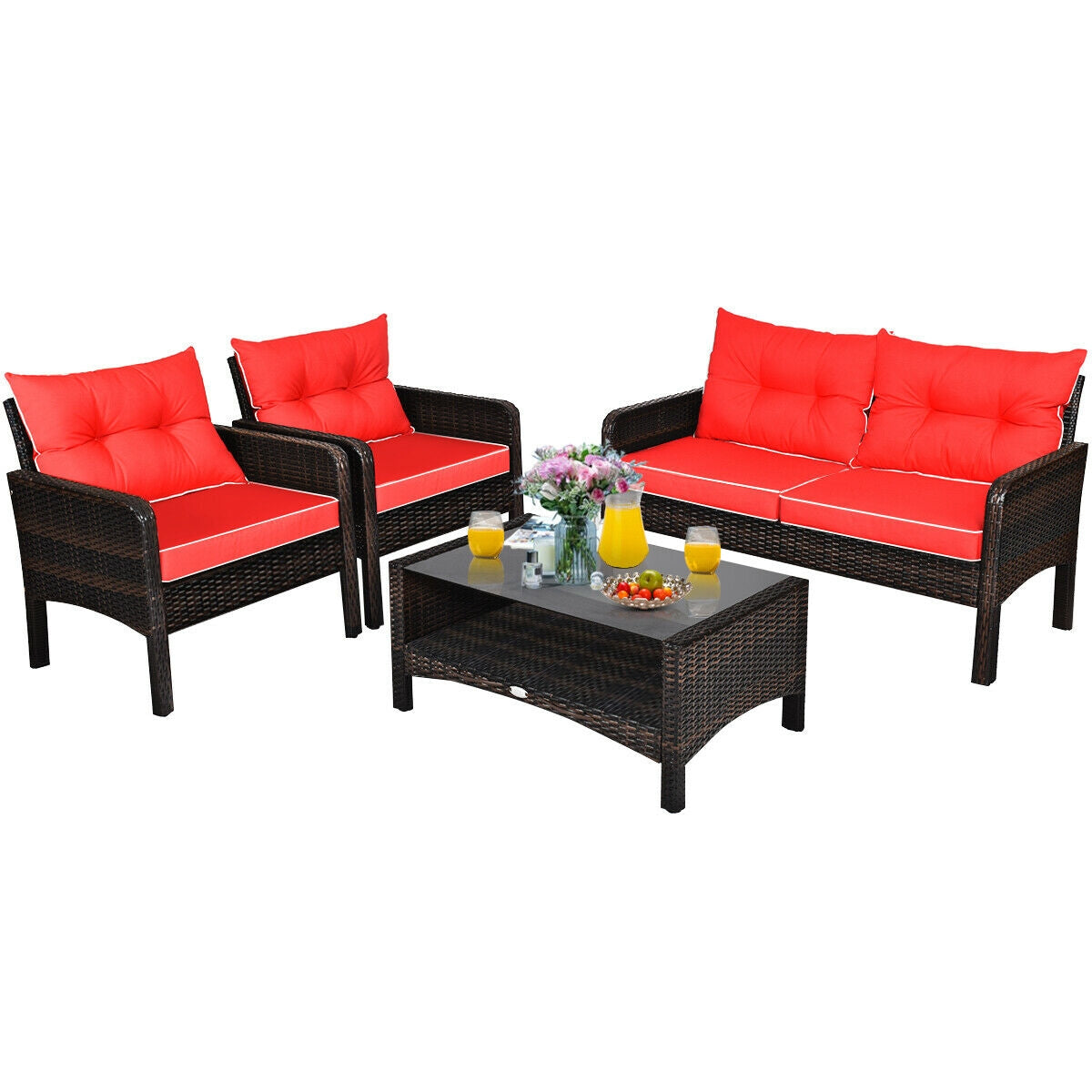 4 Pcs Outdoor Rattan Loveseat Set With Cushions, Red Patio Furniture Sets at Gallery Canada
