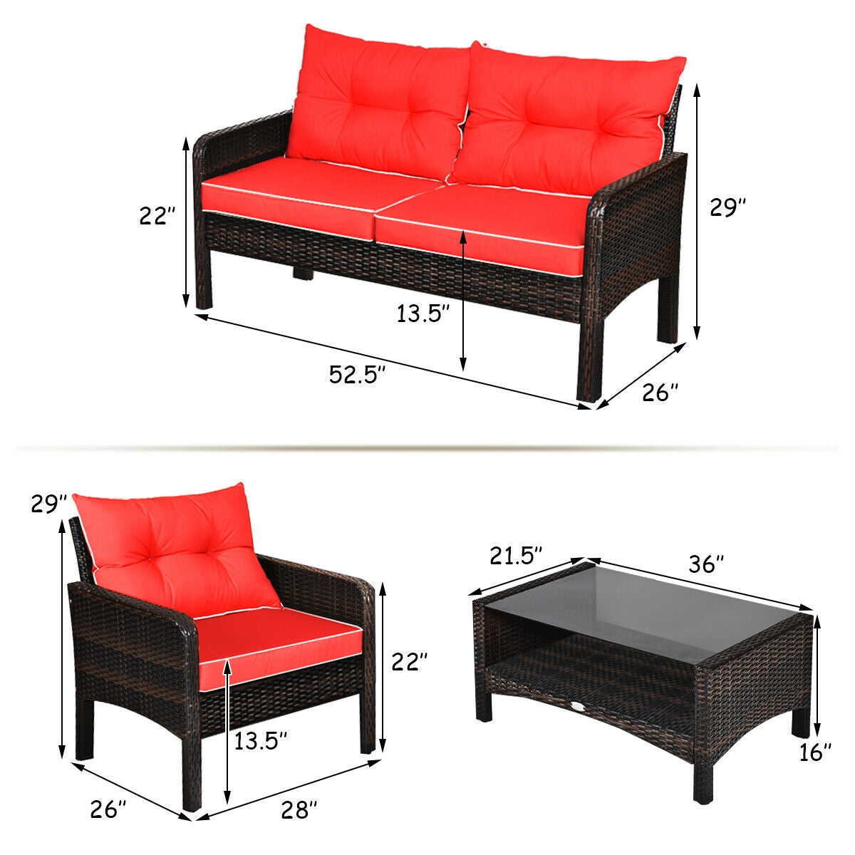 4 Pcs Outdoor Rattan Loveseat Set With Cushions, Red Patio Furniture Sets at Gallery Canada