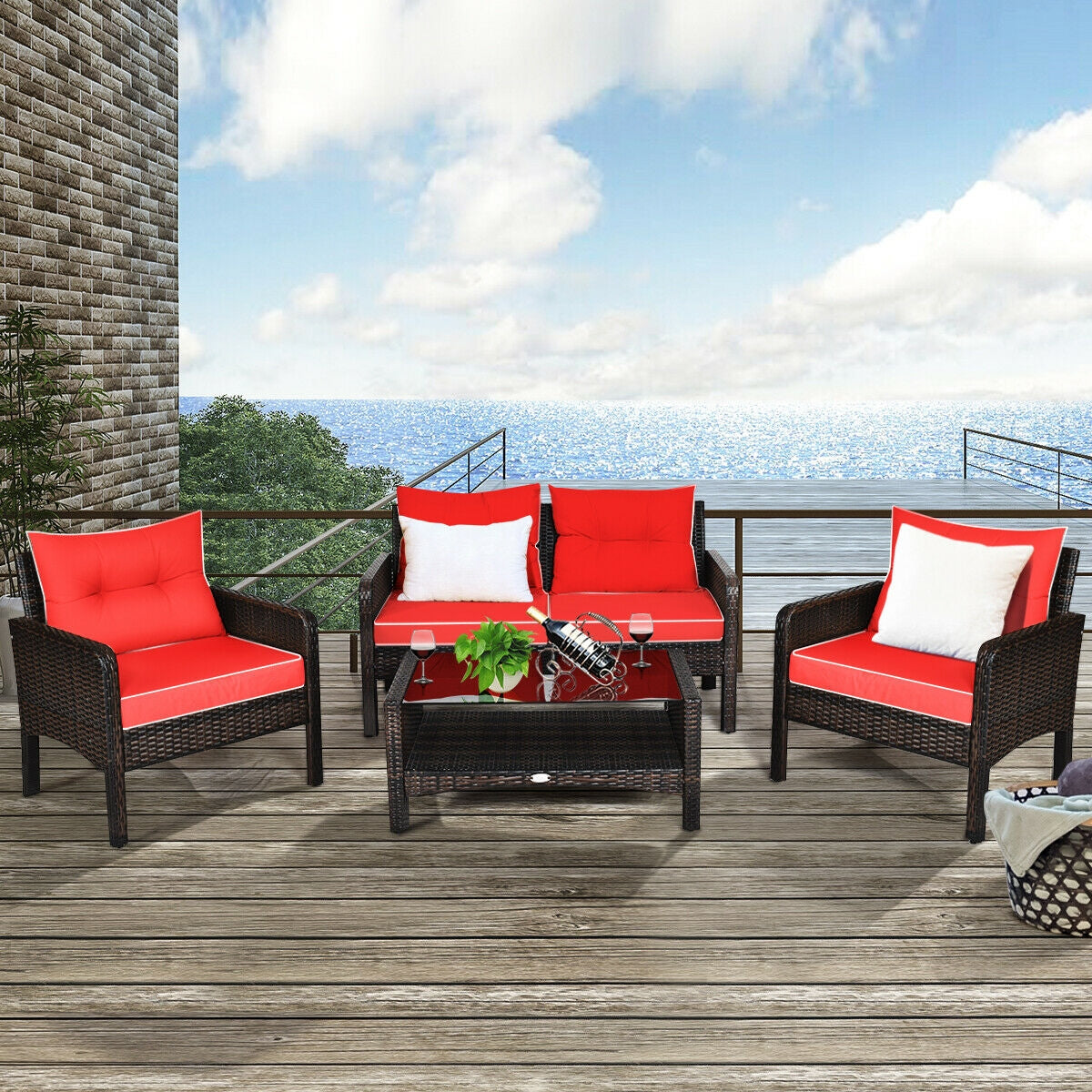 4 Pcs Outdoor Rattan Loveseat Set With Cushions, Red Patio Furniture Sets at Gallery Canada