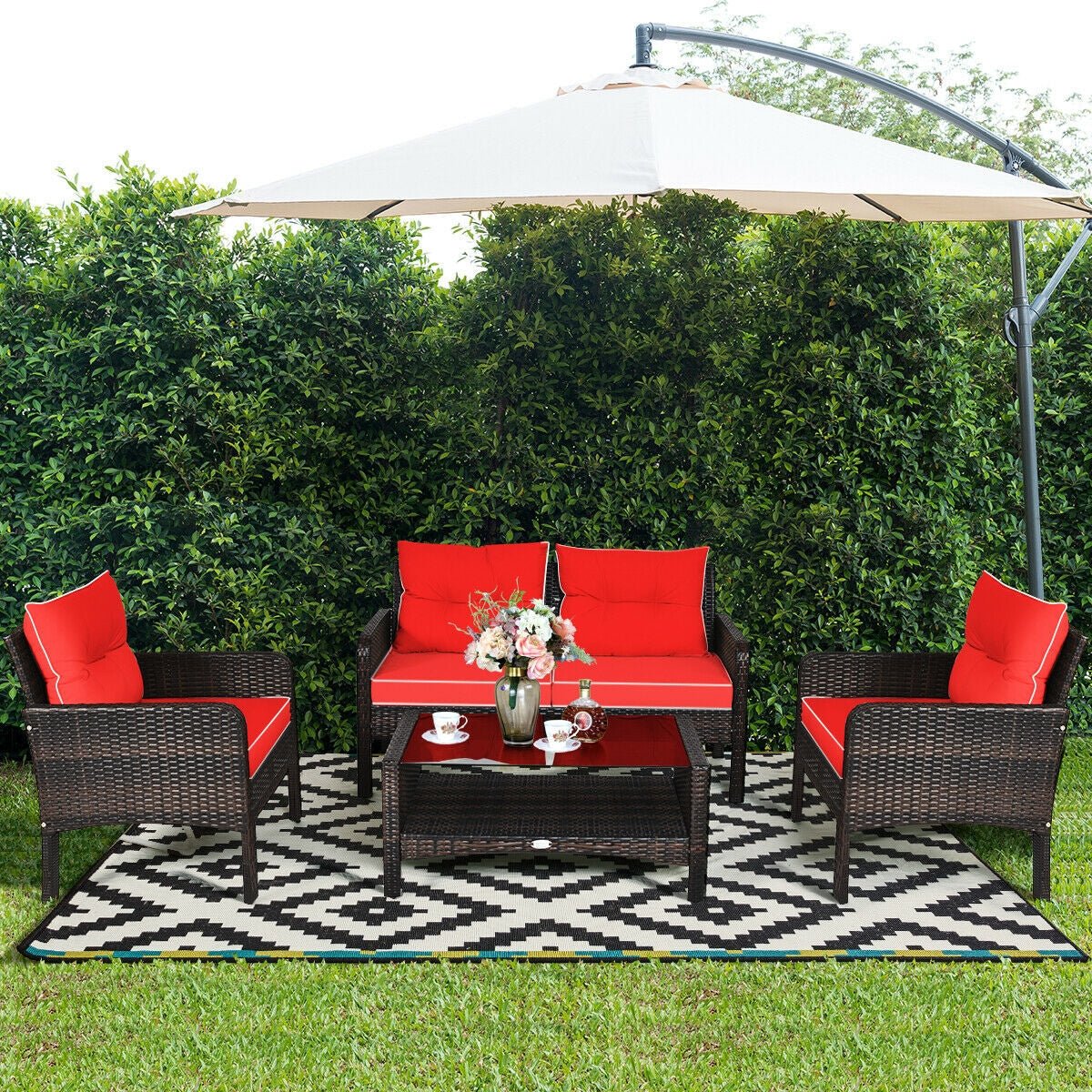 4 Pcs Outdoor Rattan Loveseat Set With Cushions, Red Patio Furniture Sets at Gallery Canada