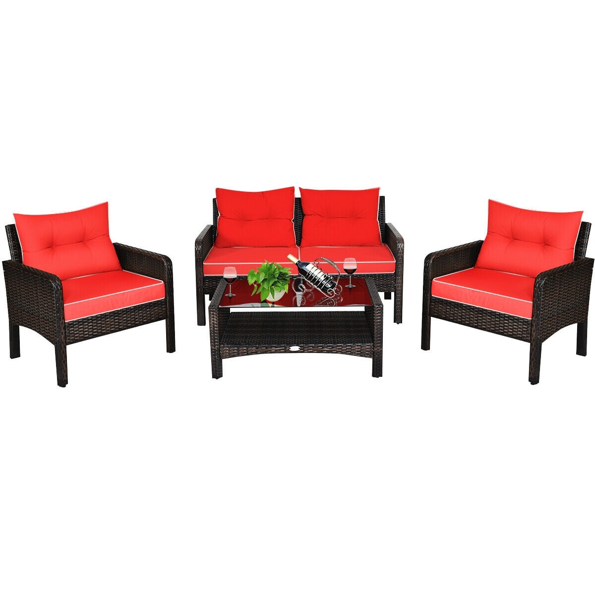 4 Pcs Outdoor Rattan Loveseat Set With Cushions, Red Patio Furniture Sets at Gallery Canada