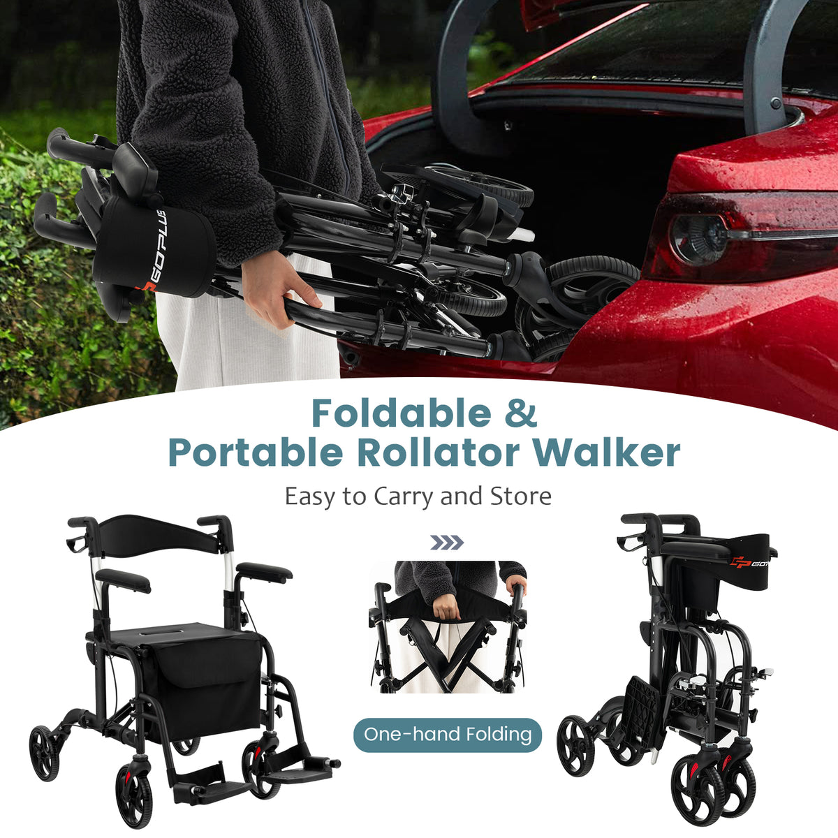 Folding Rollator Walker With Seat, Wheels, 300 Lbs, Black Walkers & Rollators at Gallery Canada