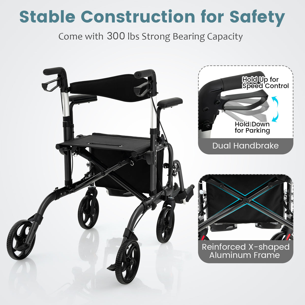 Folding Rollator Walker With Seat, Wheels, 300 Lbs, Black Walkers & Rollators at Gallery Canada
