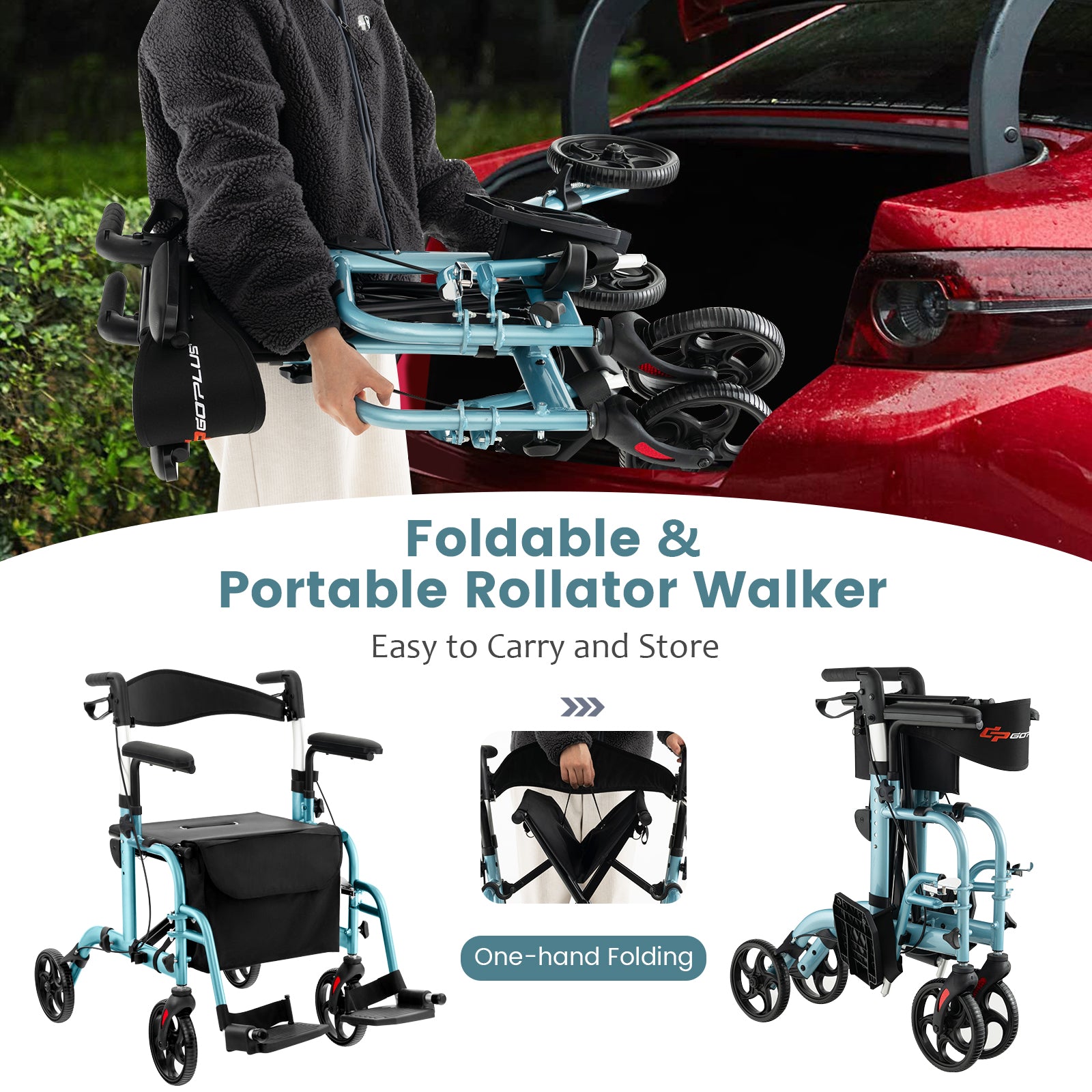 Folding Rollator Walker With Seat, Wheels, 300 Lbs, Navy Walkers & Rollators at Gallery Canada