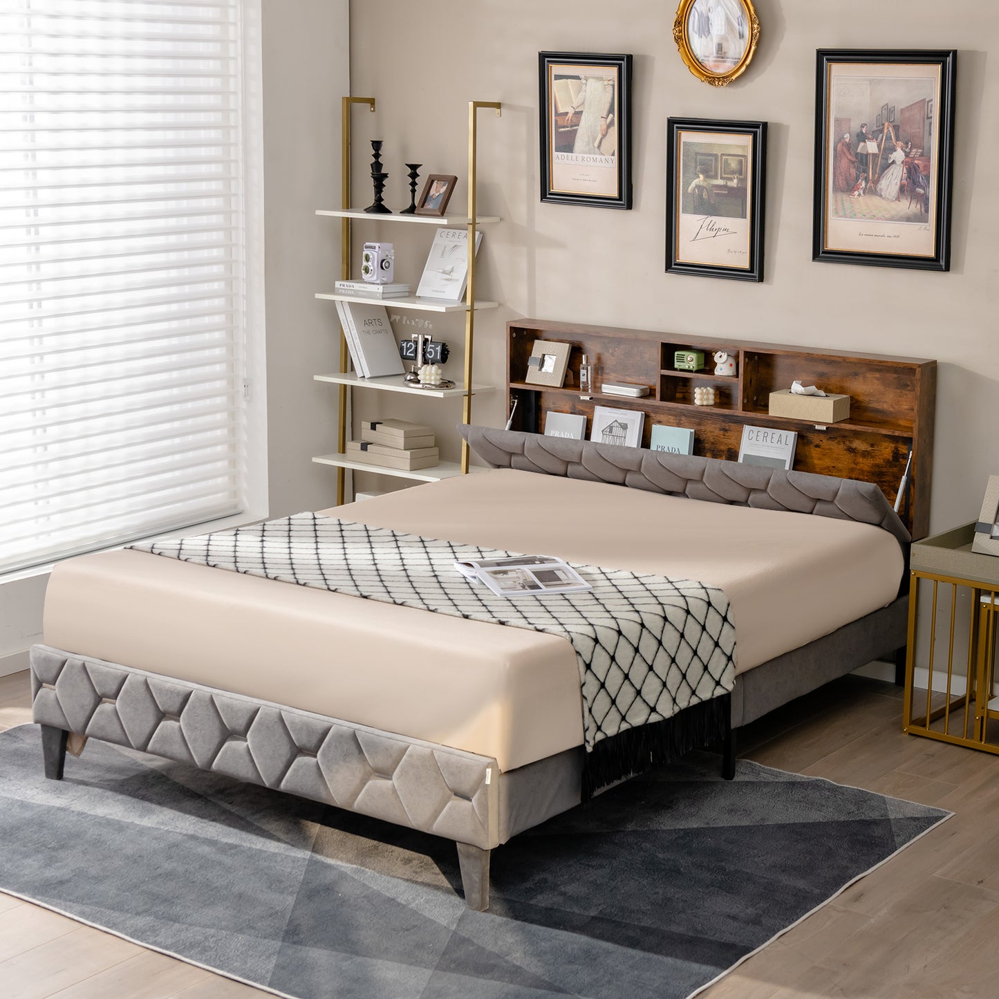 Queen Size Upholstered Bed Frame With Storage Headboard, Gray Simple Bed Frame at Gallery Canada