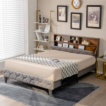 Queen Size Upholstered Bed Frame With Storage Headboard, Gray Simple Bed Frame at Gallery Canada