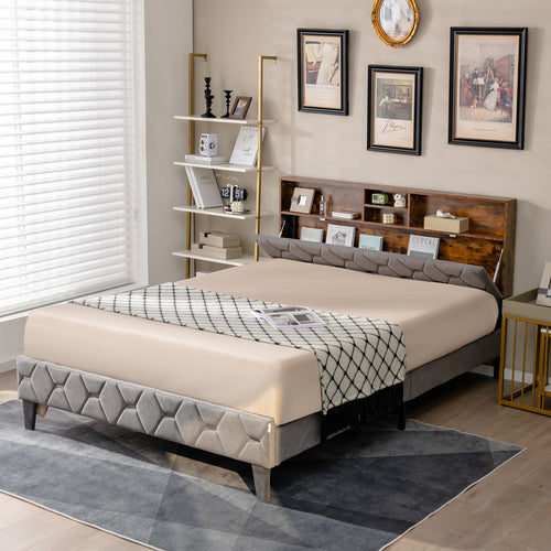 Queen Size Upholstered Bed Frame With Storage Headboard, Gray