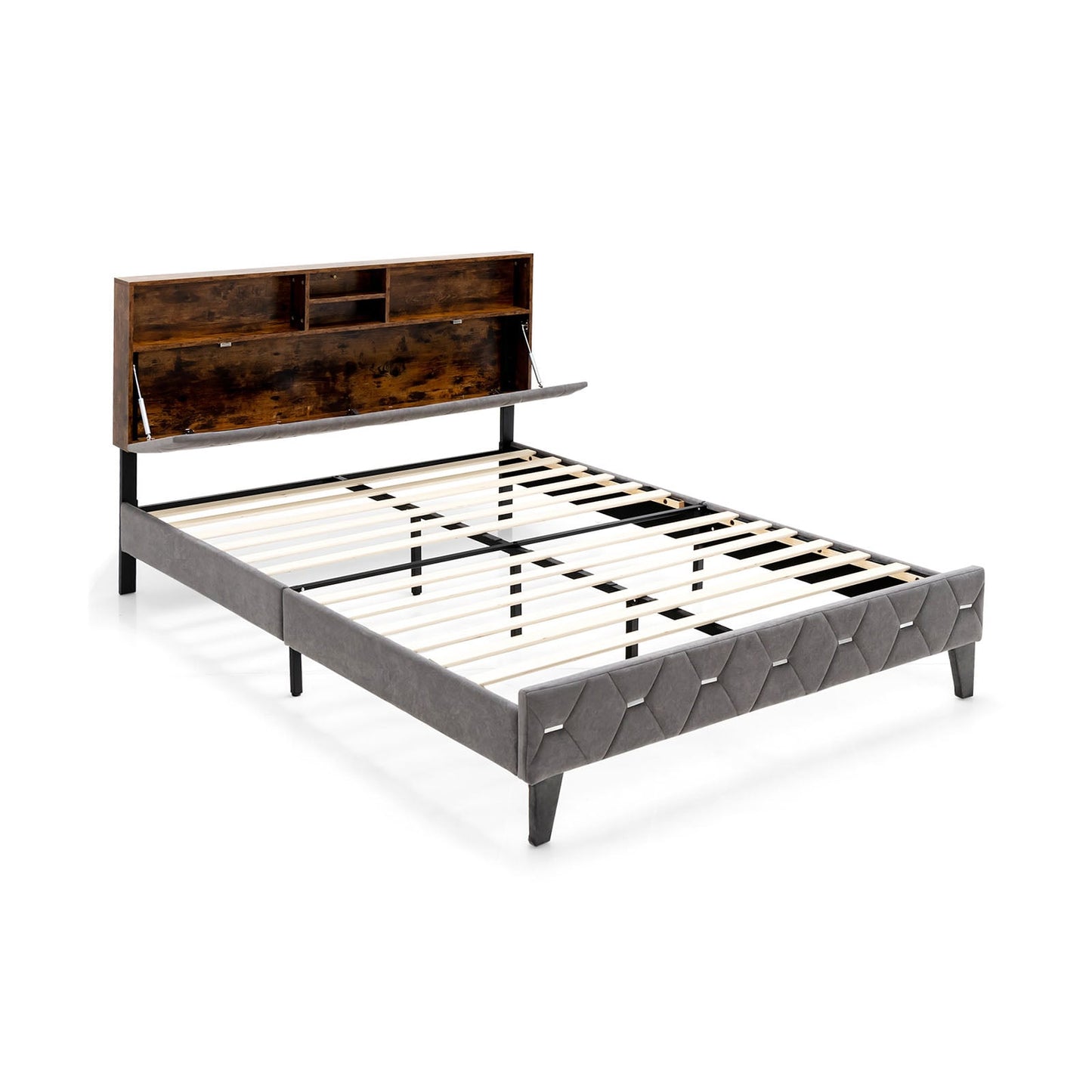 Queen Size Upholstered Bed Frame With Storage Headboard, Gray Simple Bed Frame Gray at Gallery Canada
