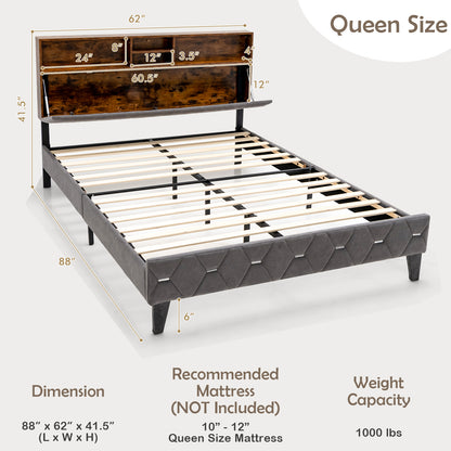 Queen Size Upholstered Bed Frame With Storage Headboard, Gray Simple Bed Frame at Gallery Canada