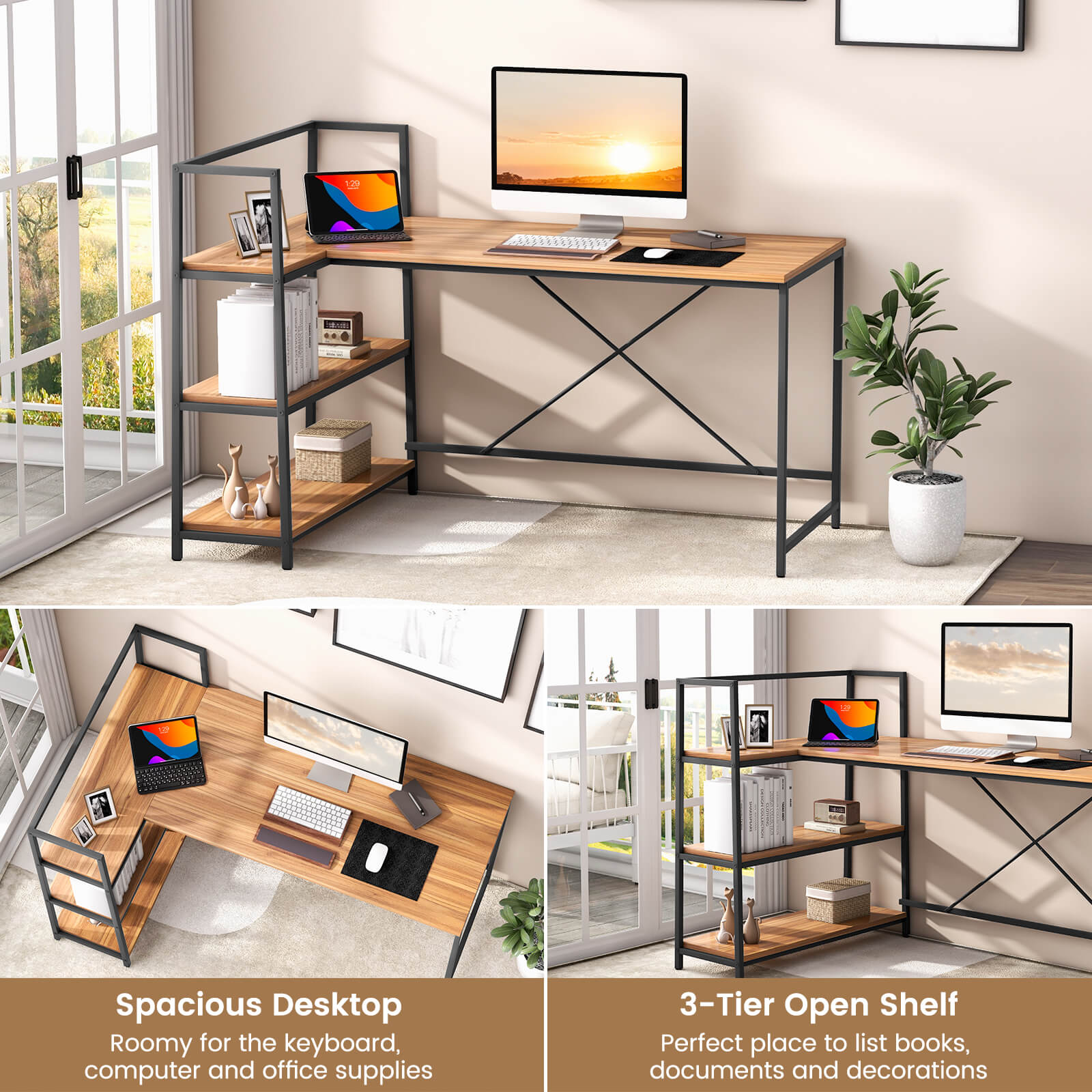 Reversible L-Shaped Corner Desk With 3-Tier Shelf, Walnut L-Shaped Desks at Gallery Canada
