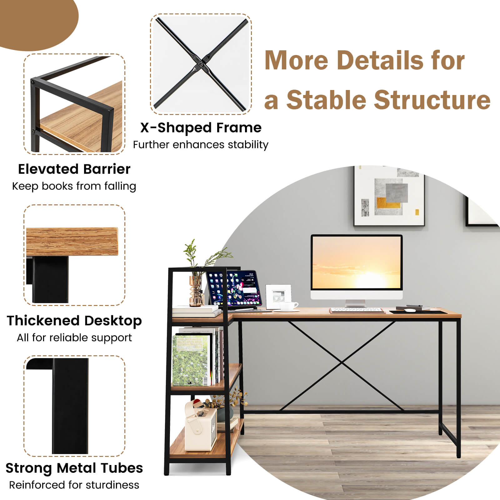 Reversible L-Shaped Corner Desk With 3-Tier Shelf, Walnut L-Shaped Desks at Gallery Canada