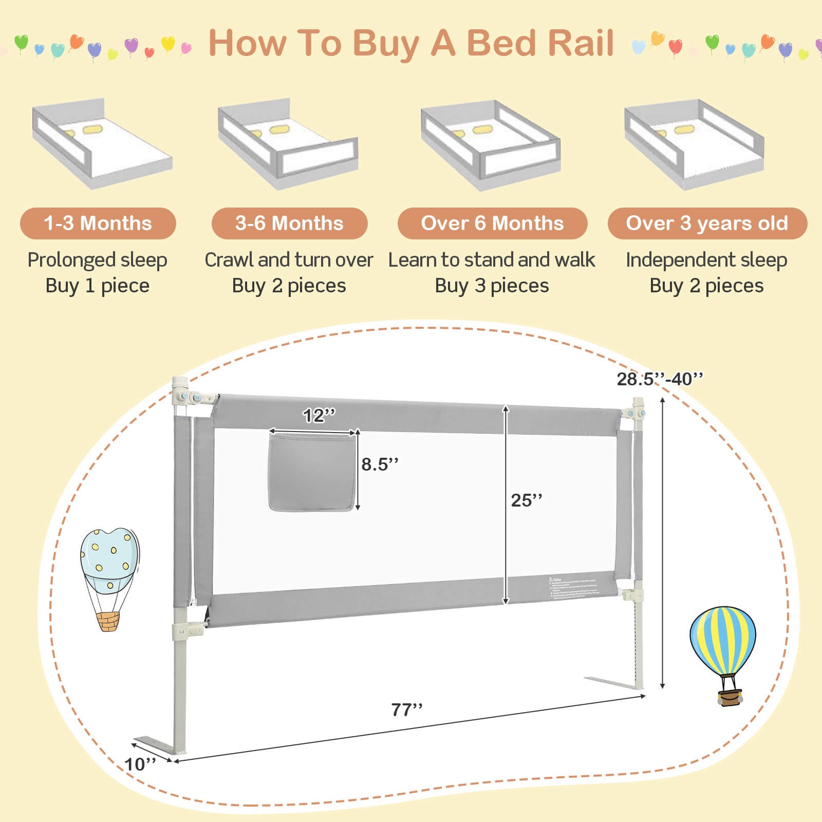 76.8 Inch Baby Bed Rail, Double Safety Child Lock, Gray Bed Rails at Gallery Canada