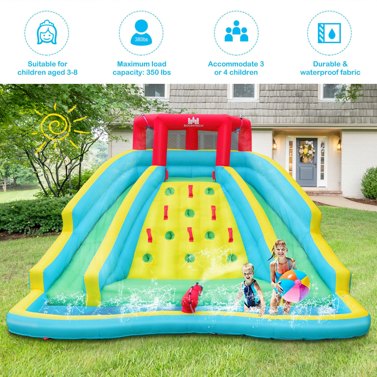 Double Side Inflatable Water Slide Park With Climbing Wall, Blue Bounce House at Gallery Canada