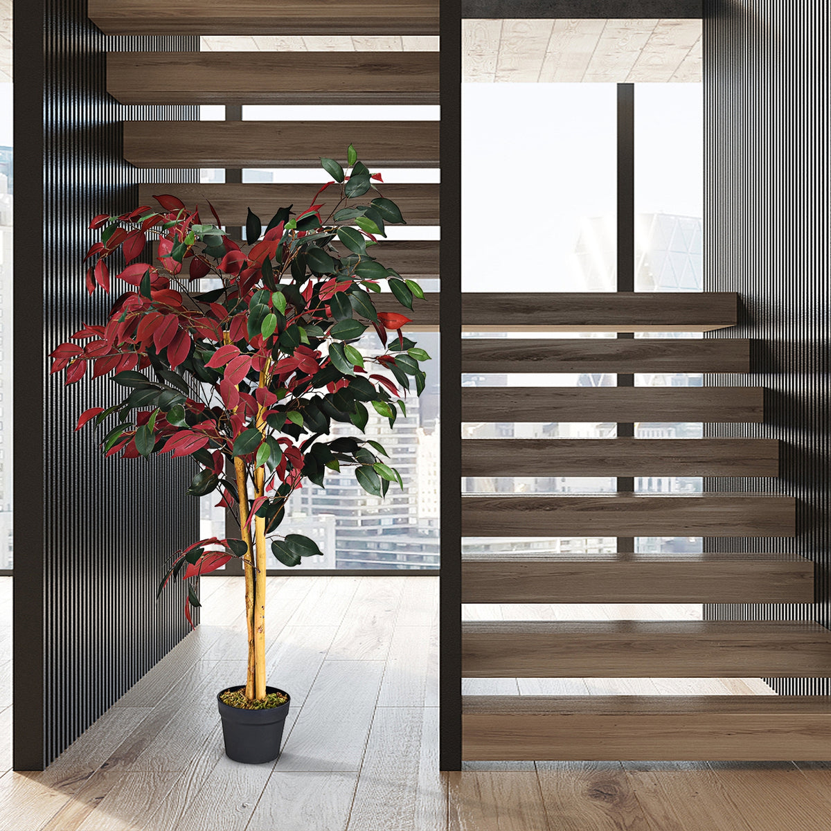 4 Ft Artificial Ficus Tree, Nursery Pot, Red Faux Plants at Gallery Canada