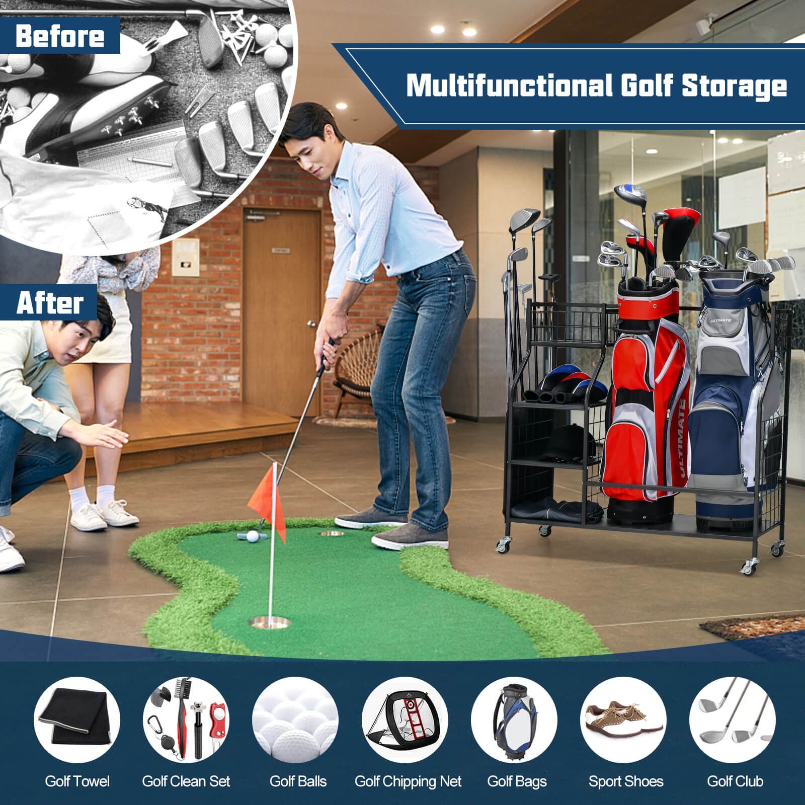 Double Golf Bag Organizer, Lockable Wheels, Black Golf at Gallery Canada