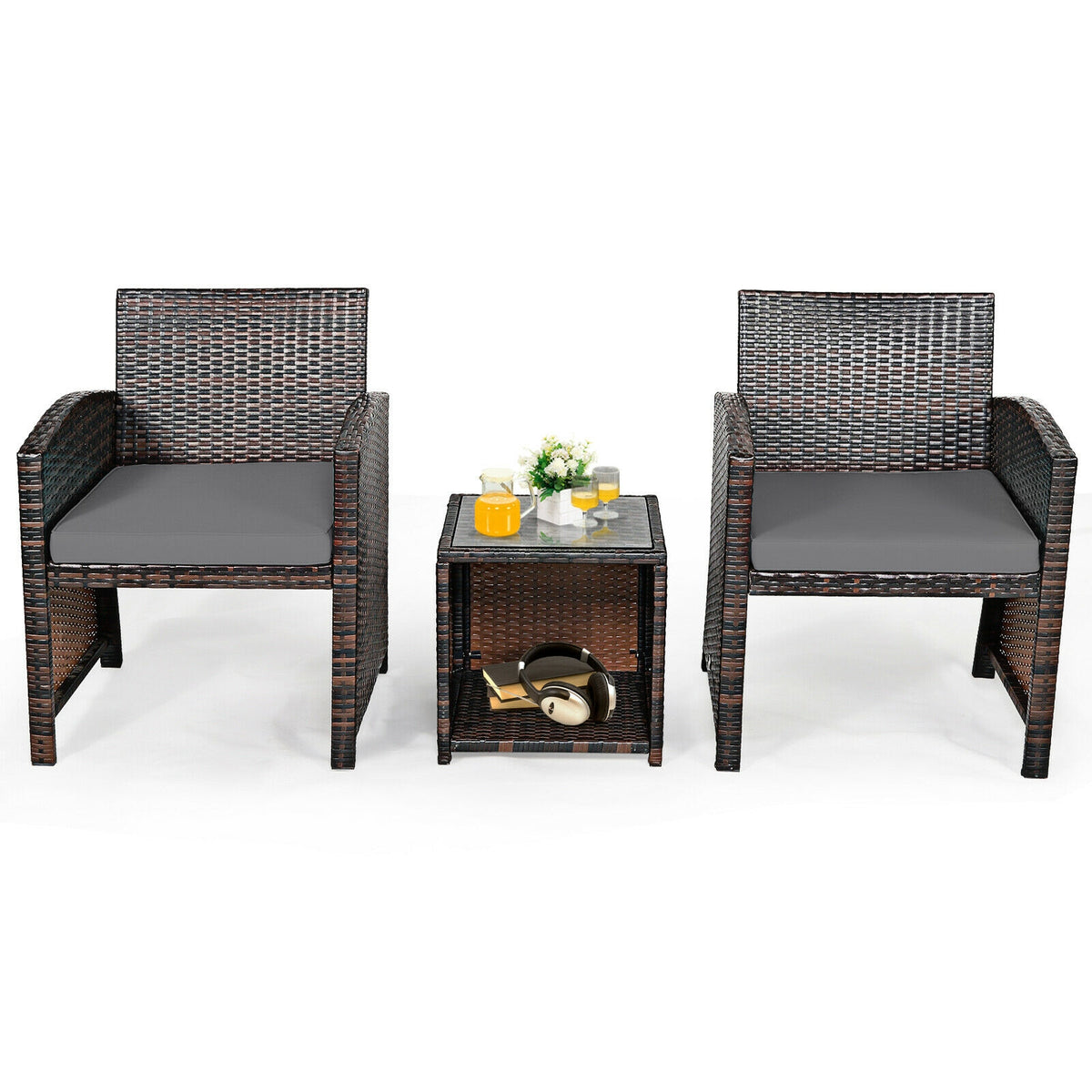 3 Pieces PE Rattan Wicker Furniture Set, Gray Patio Conversation Sets at Gallery Canada