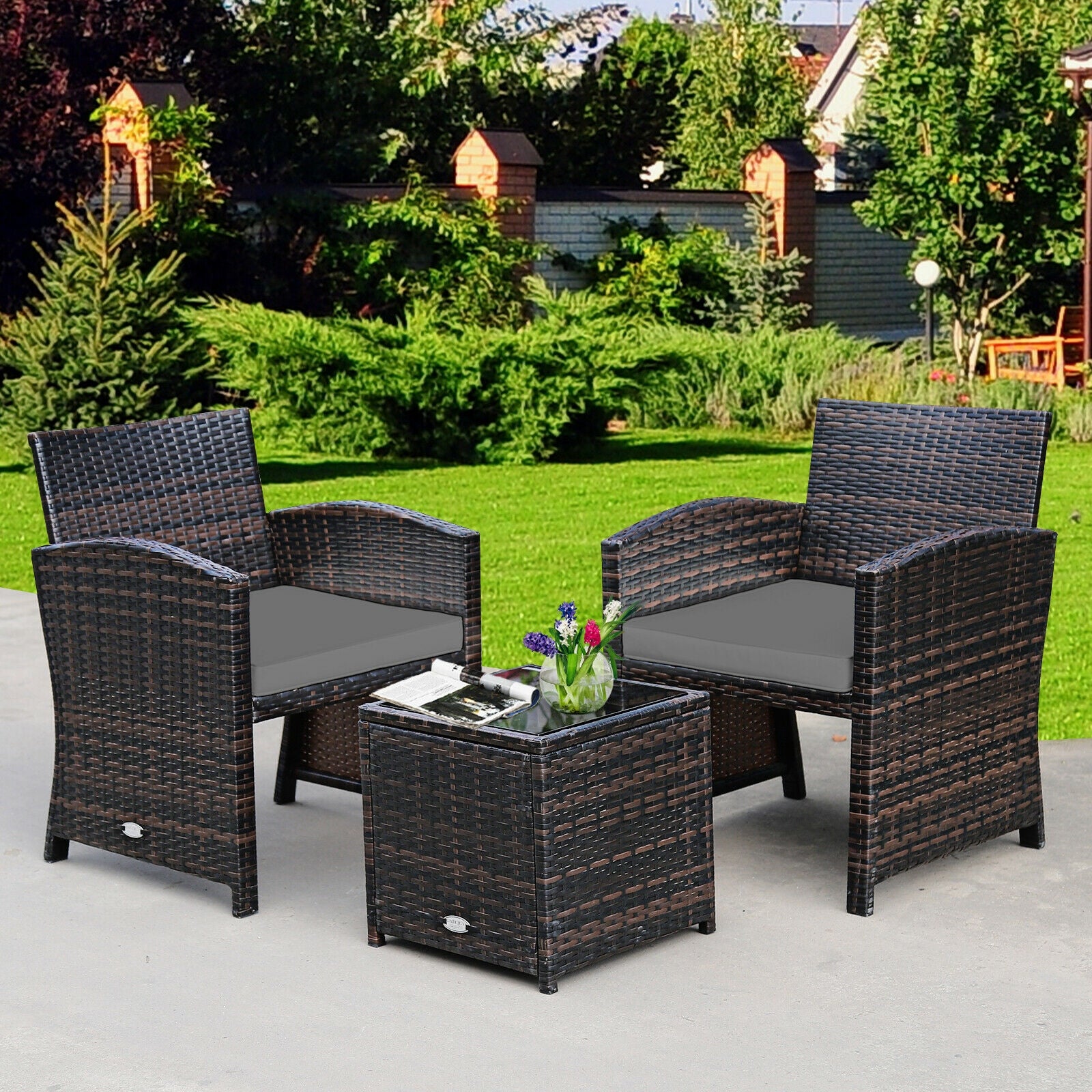 3 Pieces PE Rattan Wicker Furniture Set, Gray Patio Conversation Sets at Gallery Canada
