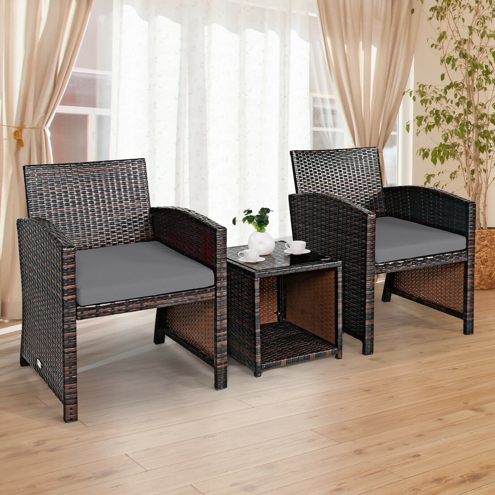 3 Pieces PE Rattan Wicker Furniture Set, Gray Patio Conversation Sets at Gallery Canada