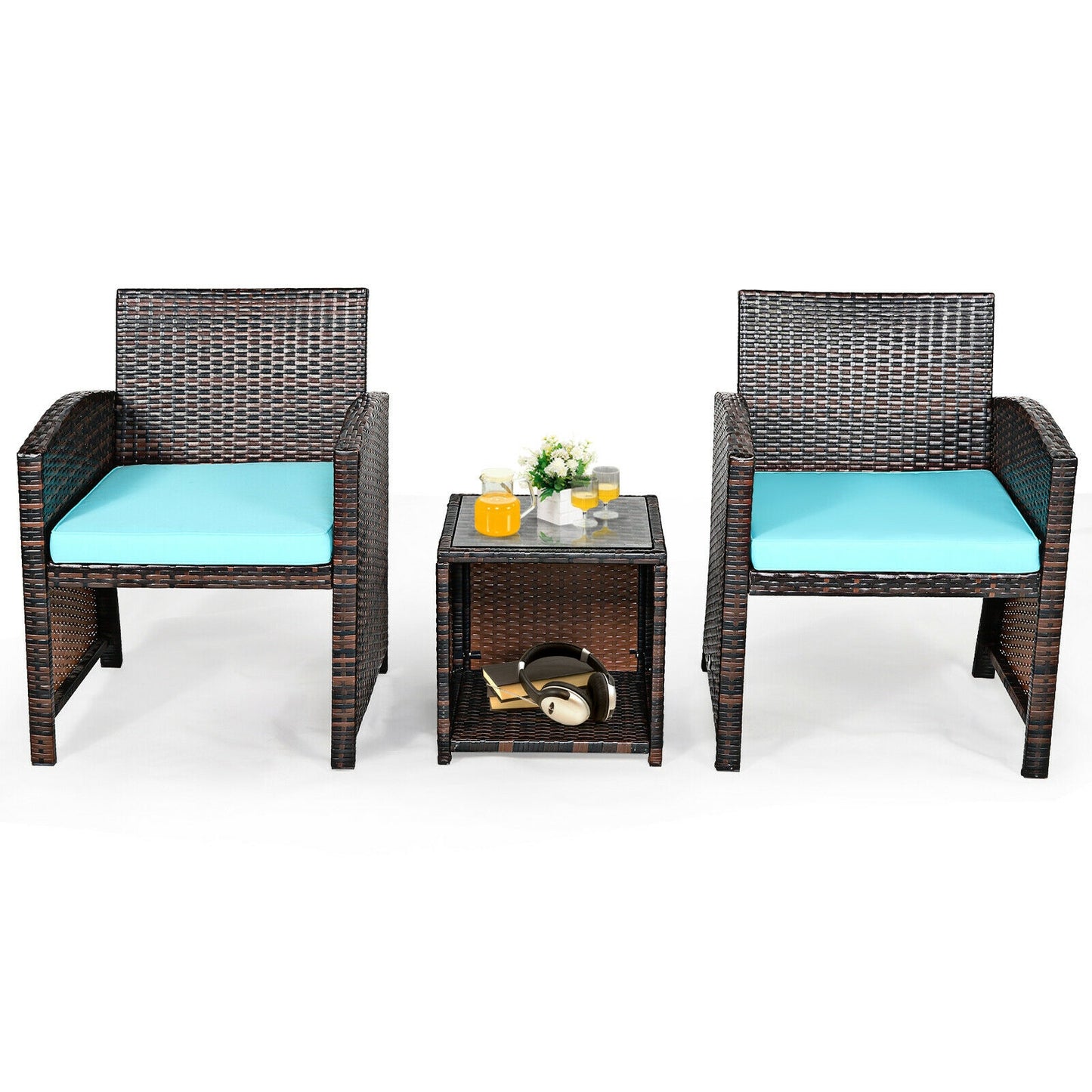 3-Piece PE Rattan Wicker Furniture Set, Sofa Coffee Table, Turquoise Patio Conversation Sets at Gallery Canada