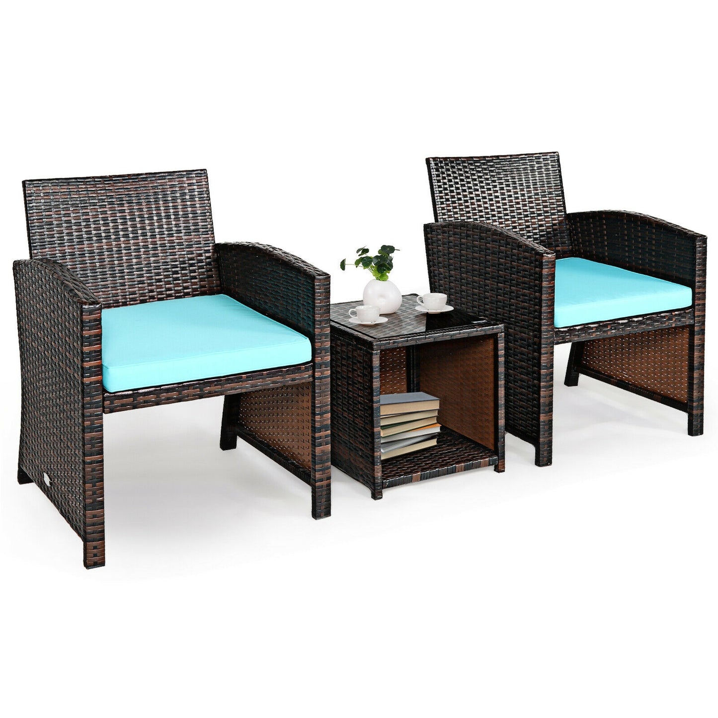 3-Piece PE Rattan Wicker Furniture Set, Sofa Coffee Table, Turquoise Patio Conversation Sets at Gallery Canada