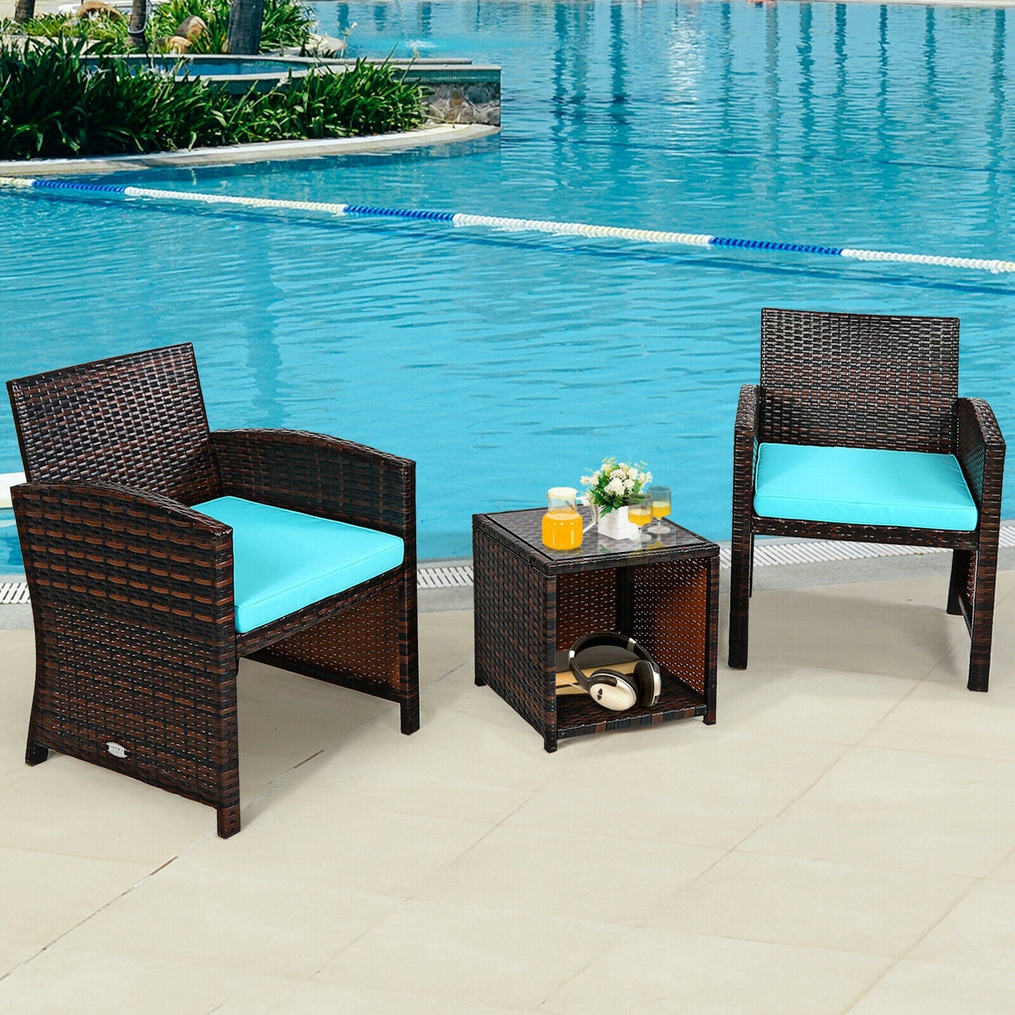 3-Piece PE Rattan Wicker Furniture Set, Sofa Coffee Table, Turquoise Patio Conversation Sets at Gallery Canada