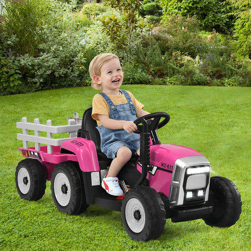 12V Kids Ride On Tractor, 3-Gear-Shift Ground Loader, Pink