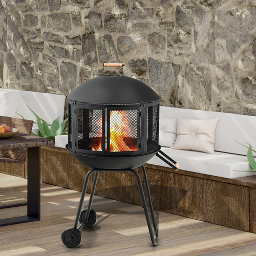 28 Inch Portable Fire Pit On Wheels, Black