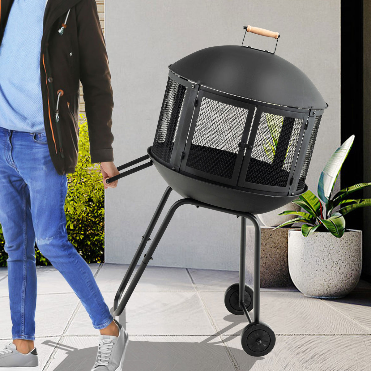 28 Inch Portable Fire Pit On Wheels, Black Fire Pits at Gallery Canada
