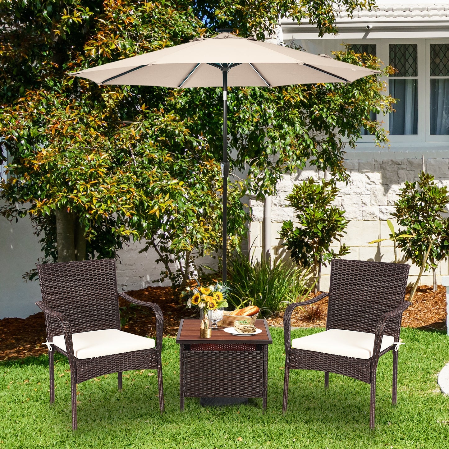 3 Piece Patio Rattan Bistro Set, Wood Side Table, Stackable Chair Patio Conversation Sets at Gallery Canada