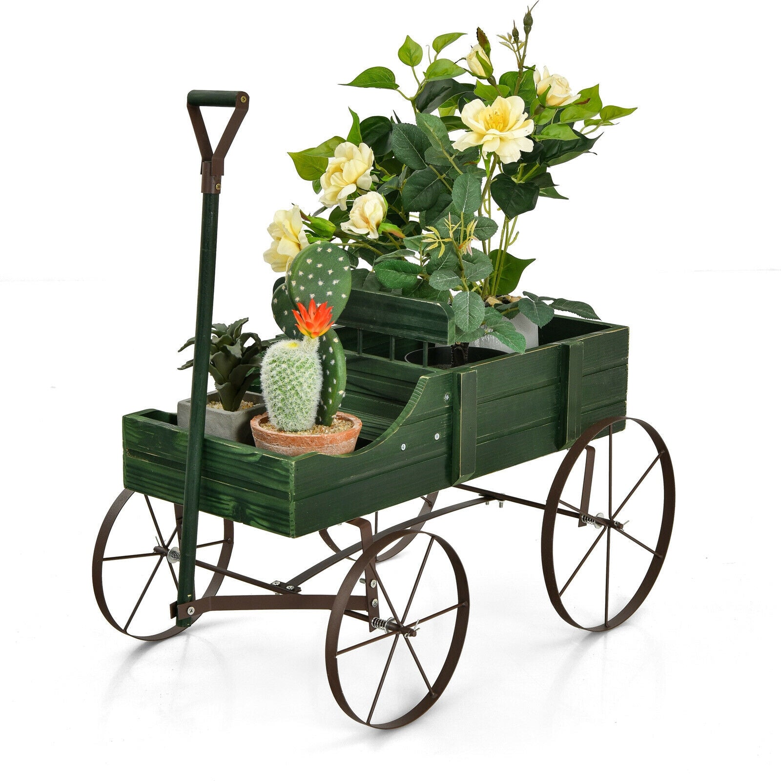 Wooden Wagon Plant Bed With Wheel, Green Plant Stands at Gallery Canada