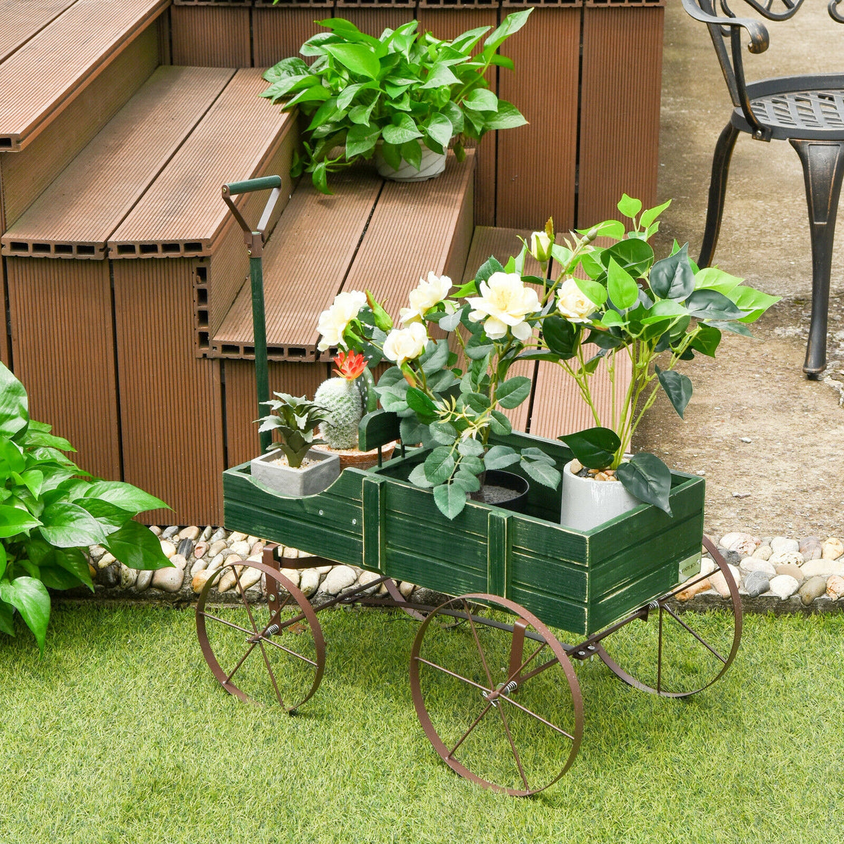 Wooden Wagon Plant Bed With Wheel, Green Plant Stands at Gallery Canada