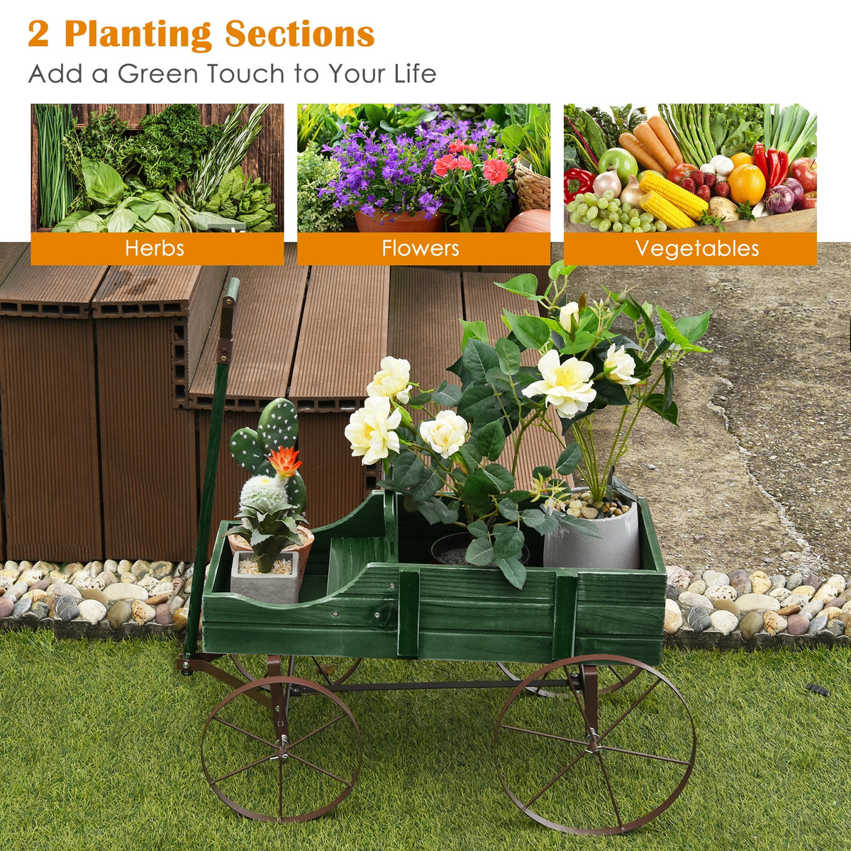 Wooden Wagon Plant Bed With Wheel, Green Plant Stands at Gallery Canada
