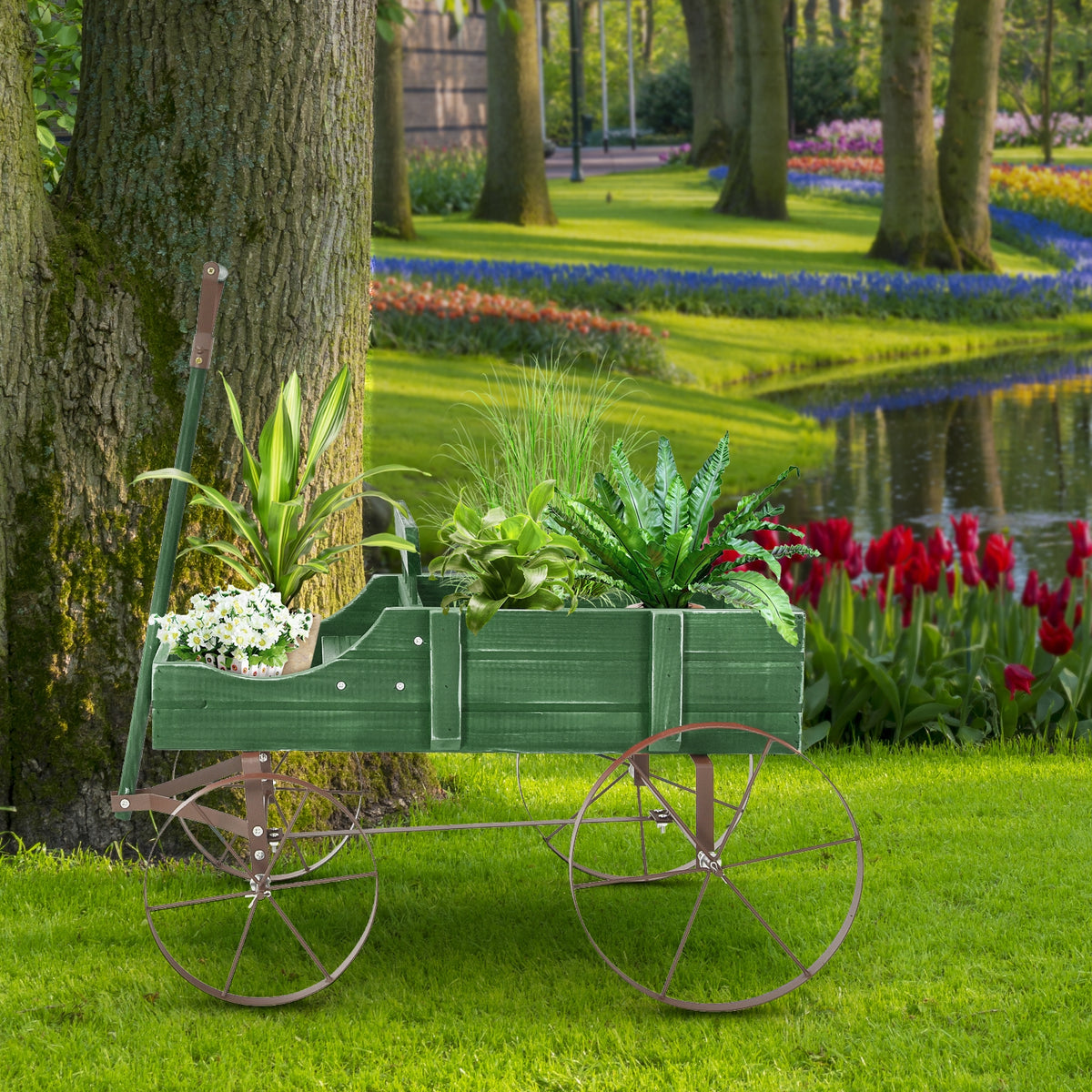 Wooden Wagon Plant Bed With Wheel, Green Plant Stands at Gallery Canada